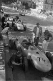 Joakim Bonnier on the right, (T4) Porsche 787, Dan Gurney's Porsche 718 (4), Hans Herrmann's Porsche 787 (6), passing Phil Hill (38), Ferrari 156. Monaco Grand Prix 1961. - Photo by Edward Quinn