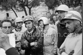 Driver briefing by Louis Chiron. From left: Trevor Taylor, Lorenzo Bandini, Bruce McLaren, Roy Salvadori, Joakim Bonnier, Maurice Trintignant. Monaco Grand Prix 1962. - Photo by Edward Quinn