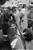 Jackie Stewart, (4) BRM P261 and Tony Rudd. Monaco Grand Prix 1965. - Photo by Edward Quinn
