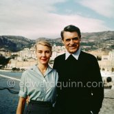 Cary Grant and his wife Betsy Drake on board Onassis' yacht Christina. Monaco harbor 1957. - Photo by Edward Quinn