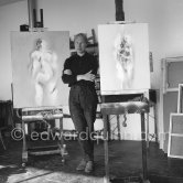 Louis le Brocquy at his studio with paintings "Laussel Venus" and "Willendorf Venus". Carros 1964. - Photo by Edward Quinn