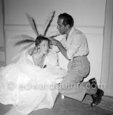 Models being hairstyled by Alexandre for gala evening: Fashion model Lucky (France’s No. 1 mannequin of Dior). Monte Carlo 1954. - Photo by Edward Quinn