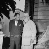 French painter Henri Matisse and Carleton Smith (left) music editor of Esquire and European correspondent for the New York Herald Tribune in front of the Foyer Lacordaire beside the Matisse chapel. Vence 1953. (today 466 Av. Henri Matisse) - Photo by Edward Quinn