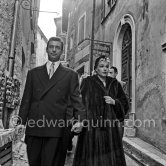 Simone Signoret, French actress often hailed as one of France’s greatest movie stars, on her wedding in 1951 to actor and singer Yves Montand. At the same restaurant Colombe d’Or, Saint-Paul-de-Vence, where their romance began. - Photo by Edward Quinn