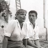 Simone Signoret, French actress often hailed as one of France’s greatest movie stars, on her wedding in 1951 to actor and singer Yves Montand. At the same restaurant Colombe d’Or, Saint-Paul-de-Vence, where their romance began. - Photo by Edward Quinn