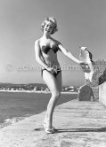 Anny Nelson ("Pin-up with Heart"), beauty queen "Miss Angora", enjoying a sunny moment at the beach. Nice 1959.