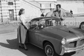 Magali Noël, French actress and singer, and Roberto Risso, actor, fiancé of Magali Noël. Nice 1957. Car: Fiat Nuova 1100/103 TV Trasformabile, standard version bodied by Reparto Carrozzerie Speciali Fiat Lingotto - Photo by Edward Quinn
