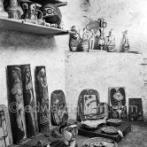 The storerooms at Madoura pottery where Pablo Picasso keeps the originals. Among the finished ceramics, three works portraying Francoise. Vallauris 1953. - Photo by Edward Quinn