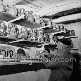 The storerooms at Madoura pottery where Pablo Picasso keeps the originals. Vallauris 1953. - Photo by Edward Quinn