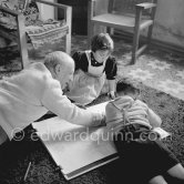 Drawing lesson given by Pablo Picasso to his children Claude Picasso and Paloma Picasso. La Galloise, Vallauris 16.4.1953. - Photo by Edward Quinn