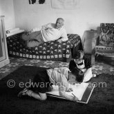 Drawing lesson given by Pablo Picasso to his children Claude Picasso and Paloma Picasso. La Galloise, Vallauris 16.4.1953. - Photo by Edward Quinn