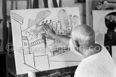 Pablo Picasso doing a charcoal drawing of the view from Le Fournas during filming of Luciano Emmer's documentary. Vallauris 26.6.1953. - Photo by Edward Quinn