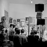 Pablo Picasso doing a charcoal drawing of the view from Le Fournas during filming of Luciano Emmer's documentary. Vallauris 26.6.1953. - Photo by Edward Quinn