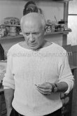 Portrait of Pablo Picasso in white pullover at his studio Le Fournas. Vallauris 1953. - Photo by Edward Quinn