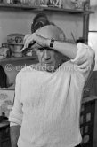 Portrait of Pablo Picasso in white pullover at his studio Le Fournas. Vallauris 1953. - Photo by Edward Quinn