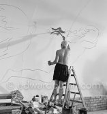 Pablo Picasso working on the "War and Peace study" drawings on the wall of Chapelle de la Paix (or Temple de la Paix) for the documentary film of Luciano Emmer. (The panels of War and Peace of 1952 were away on exhibition). Vallauris 1953. - Photo by Edward Quinn