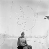 Pablo Picasso working on the "War and Peace study" drawings on the wall of Chapelle de la Paix (or Temple de la Paix) for the documentary film of Luciano Emmer. (The panels of War and Peace of 1952 were away on exhibition). Vallauris 1953. - Photo by Edward Quinn