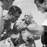 Pablo Picasso and Eugenio Carmona (left). Golfe-Juan 1954. - Photo by Edward Quinn