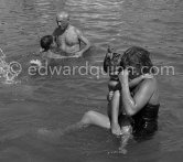Picasso with his children Claude, Paloma and Maya at the beach. Restaurant Tetu in the background. Golfe-Juan 1954. - Photo by Edward Quinn