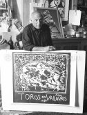 Pablo Picasso with "Toros en Vallauris 1954", a linocut printed by Hidalgo Arnéra for the bullfight in Vallauris which was organized in Pablo Picasso's honor. La Galloise, Vallauris 1954. - Photo by Edward Quinn