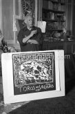 Pablo Picasso with "Toros en Vallauris 1954", a linocut printed by Hidalgo Arnéra for the bullfight in Vallauris which was organized in Pablo Picasso's honor. La Galloise, Vallauris 1954. - Photo by Edward Quinn
