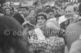 After the bullfight: Pablo Picasso dancing with unknown man disguised as a woman. Local Corrida Vallauris 1954. - Photo by Edward Quinn