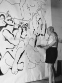 Pablo Picasso working on a bucolic pastoral scene on drawing paper which was to serve as background for the film "Le mystère Picasso". Nice, Studios de la Victorine 1955. - Photo by Edward Quinn