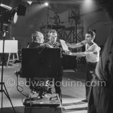 Pablo Picasso works on huge painting for décors of film. With G. H. Clouzot. "Le mystère Picasso". Nice, Studios de la Victorine 1955. - Photo by Edward Quinn