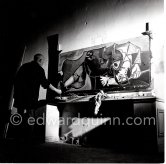 Pablo Picasso portrays a stage in the bullfight when the bullfighter is caught by the horns of the bull. During filming of "Le mystère Picasso". Nice, Studios de la Victorine, 1955. (Digitized from Vintage Print, original negative missing) - Photo by Edward Quinn