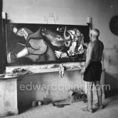 Pablo Picasso portrays a stage in the bullfight when the bullfighter is caught by the horns of the bull. During filming of "Le mystère Picasso". Nice, Studios de la Victorine, 1955. - Photo by Edward Quinn