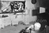 Pablo Picasso portrays a stage in the bullfight when the bullfighter is caught by the horns of the bull. During filming of "Le mystère Picasso". Nice, Studios de la Victorine, 1955. - Photo by Edward Quinn