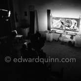 Pablo Picasso portrays a stage in the bullfight when the bullfighter is caught by the horns of the bull. During filming of "Le mystère Picasso". Nice, Studios de la Victorine, 1955. - Photo by Edward Quinn