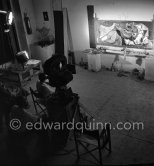 Pablo Picasso portrays a stage in the bullfight when the bullfighter is caught by the horns of the bull. During filming of "Le mystère Picasso". Nice, Studios de la Victorine, 1955. - Photo by Edward Quinn