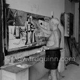 Pablo Picasso painting "La plage à la Garoupe I" for the film "Le mystère Picasso". Nice, Studios de la Victorine, 1955. - Photo by Edward Quinn