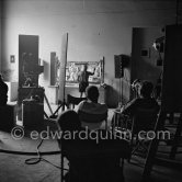 Pablo Picasso painting "La plage à la Garoupe I" for the film "Le mystère Picasso". Nice, Studios de la Victorine, 1955. - Photo by Edward Quinn