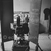 Pablo Picasso painting "La plage à la Garoupe I" for the film "Le mystère Picasso". Nice, Studios de la Victorine, 1955. - Photo by Edward Quinn