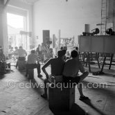Pablo Picasso painting "La plage à la Garoupe I" for the film "Le mystère Picasso". Nice, Studios de la Victorine, 1955. - Photo by Edward Quinn