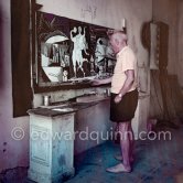 Pablo Picasso painting "La plage à la Garoupe I" for the film "Le mystère Picasso". Nice, Studios de la Victorine, 1955. - Photo by Edward Quinn