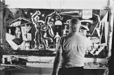 Pablo Picasso during the making of "La plage à la Garoupe I" for the film "Le mystère Picasso". Nice, Studios de la Victorine, 1955. - Photo by Edward Quinn
