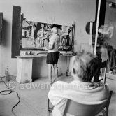 Pablo Picasso and Clouzot. The making of "La plage à la Garoupe I" for the film "Le mystère Picasso". Nice, Studios de la Victorine, 1955. - Photo by Edward Quinn
