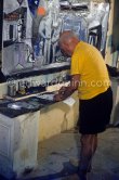 Pablo Picasso painting "La plage à la Garoupe I" for the film "Le mystère Picasso". Nice, Studios de la Victorine, 1955. - Photo by Edward Quinn