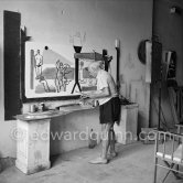 Pablo Picasso painting "La plage à la Garoupe II" for the film "Le mystère Picasso". Nice, Studios de la Victorine, 1955. - Photo by Edward Quinn