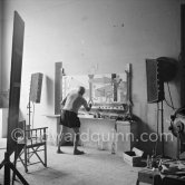 Pablo Picasso painting "La plage à la Garoupe II" for the film "Le mystère Picasso". Nice, Studios de la Victorine, 1955. - Photo by Edward Quinn