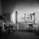 Pablo Picasso and Henri-Georges Clouzot. The making of "La plage à la Garoupe II" for the film "Le mystère Picasso". Nice, Studios de la Victorine, 1955. - Photo by Edward Quinn