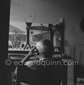 Pablo Picasso viewing "La plage à la Garoupe I" for the film "Le mystère Picasso". Nice, Studios de la Victorine, 1955. - Photo by Edward Quinn