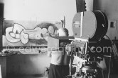Pablo Picasso at work during filming of "Le mystère Picasso", documentary. Nice, Studios de la Victorine, 1955. - Photo by Edward Quinn