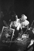 Pablo Picasso, Henri-Georges Clouzot and film music composer Georges Auric. "Le mystère Picasso". Nice, Studios de la Victorine, 1955. - Photo by Edward Quinn
