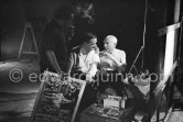 The background music of the Clouzot/Pablo Picasso film is by one of their old friends Georges Auric who has become very well-known for his music from "Moulin rouge". Here he is seen with Pablo Picasso on the film set of "Le mystère Picasso", Nice, Studios de la Victorine 1955. - Photo by Edward Quinn