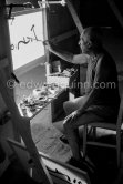 Pablo Picasso working on "La Célestine" where he had to do his signature backwards. "Le mystère Picasso", Nice, Studios de la Victorine 1955. - Photo by Edward Quinn