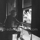 Pablo Picasso at work. "Le mystère Picasso", Nice, Studios de la Victorine 1955. - Photo by Edward Quinn